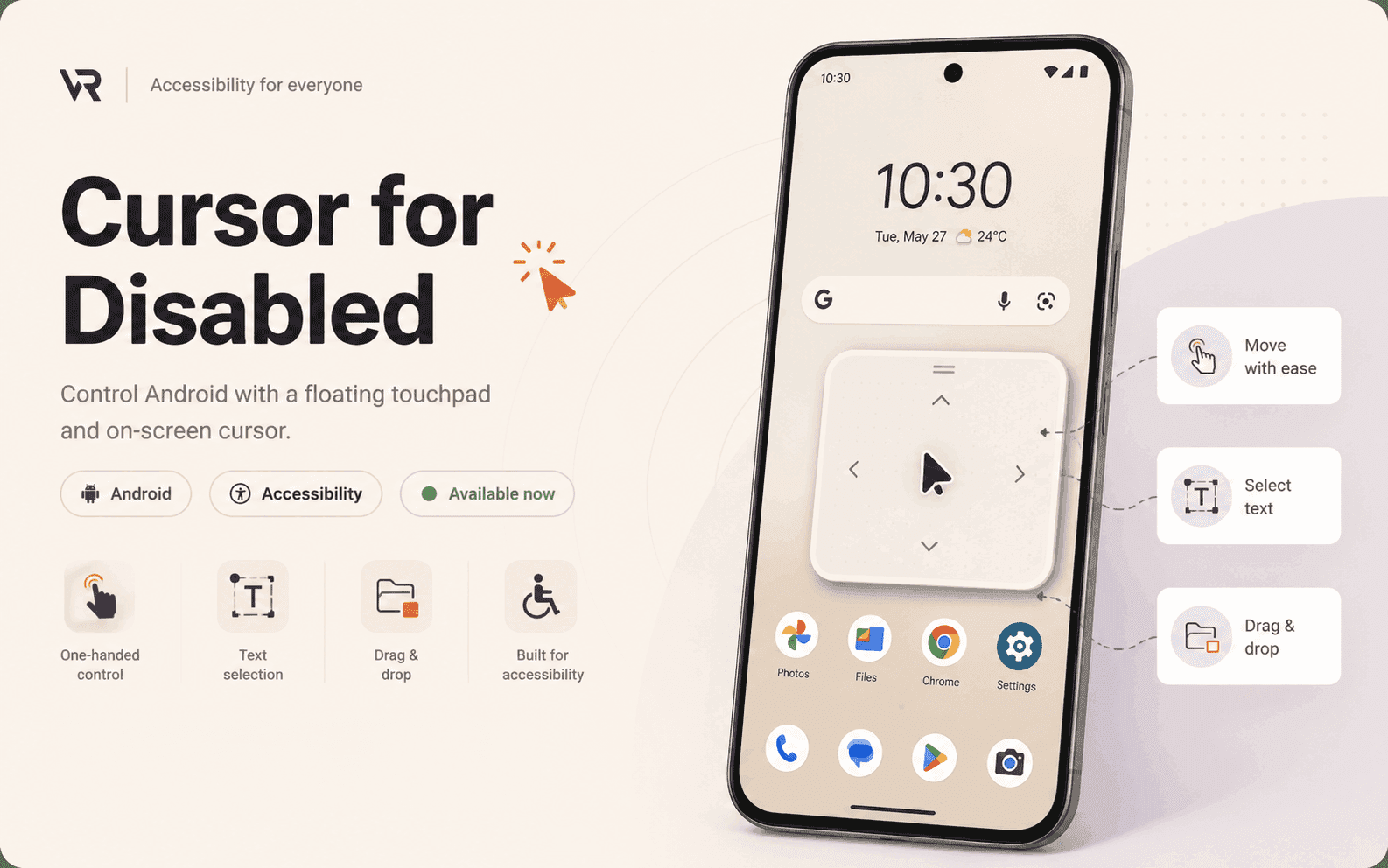 Cursor for Disabled Android app preview with floating touchpad and on-screen cursor.